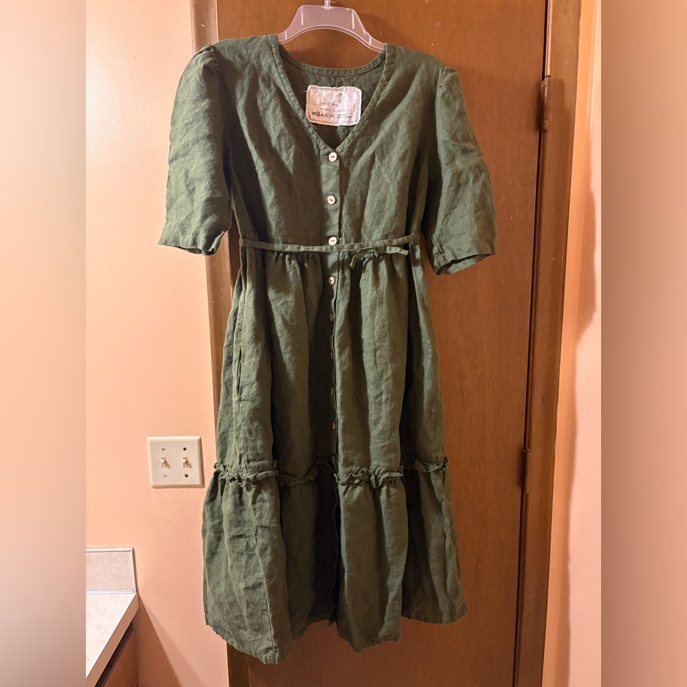 notPERFECTLINEN Olive Green Linen Midi Dress